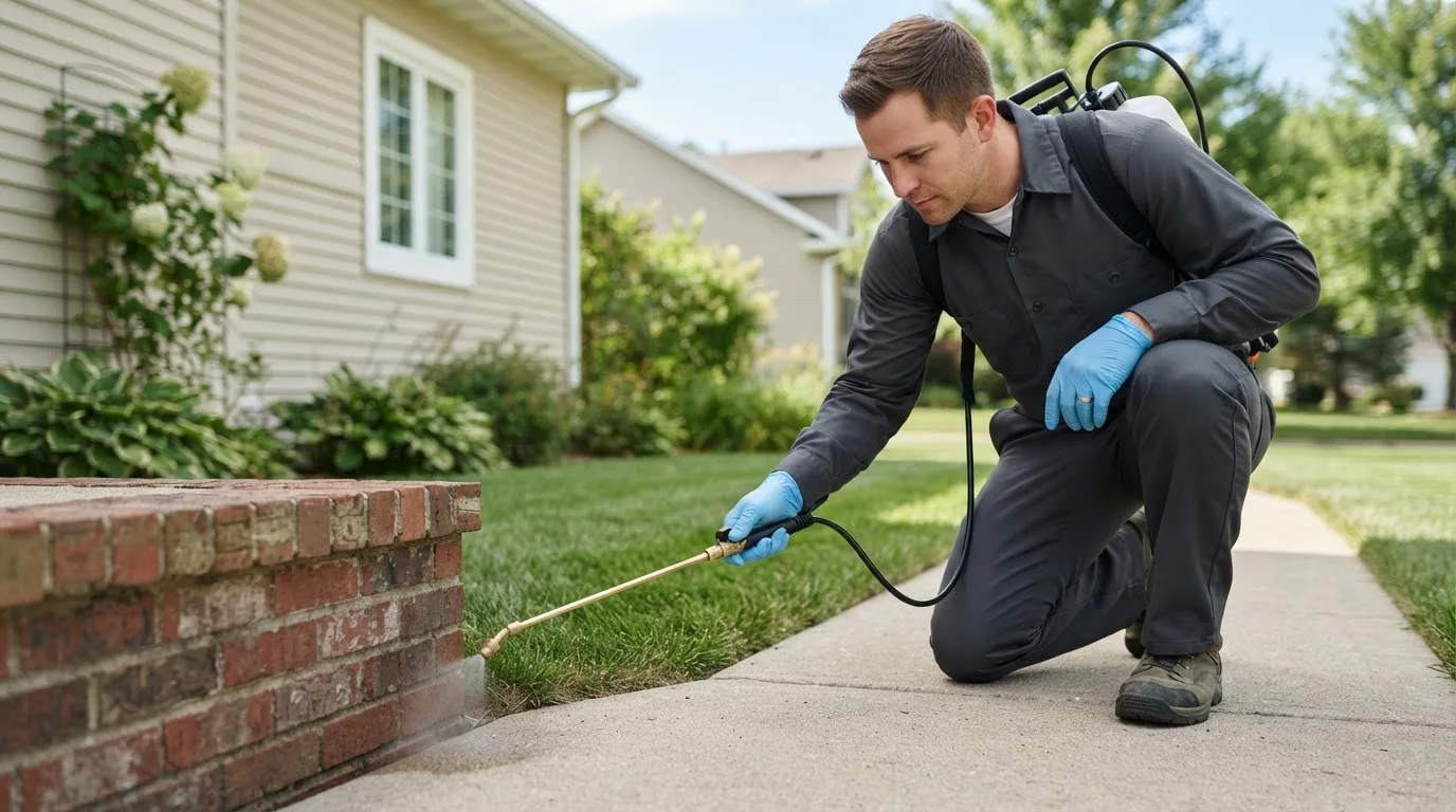 Pest control technician treating a home near Grafton, MA