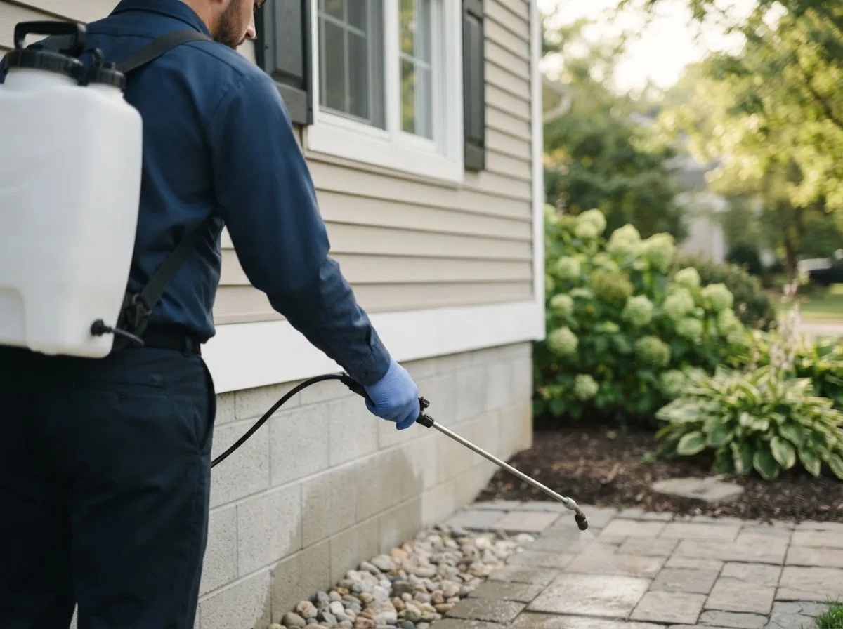 Pest control technician inspecting a home in Grafton, MA